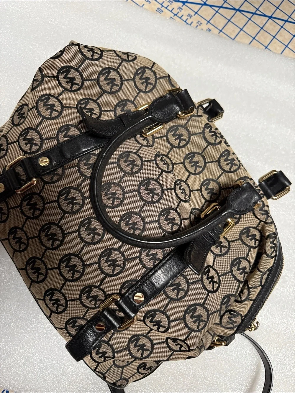 Michael Kors Signature Logo Satchel Crossbody Bag – Beige/Black Jacquard